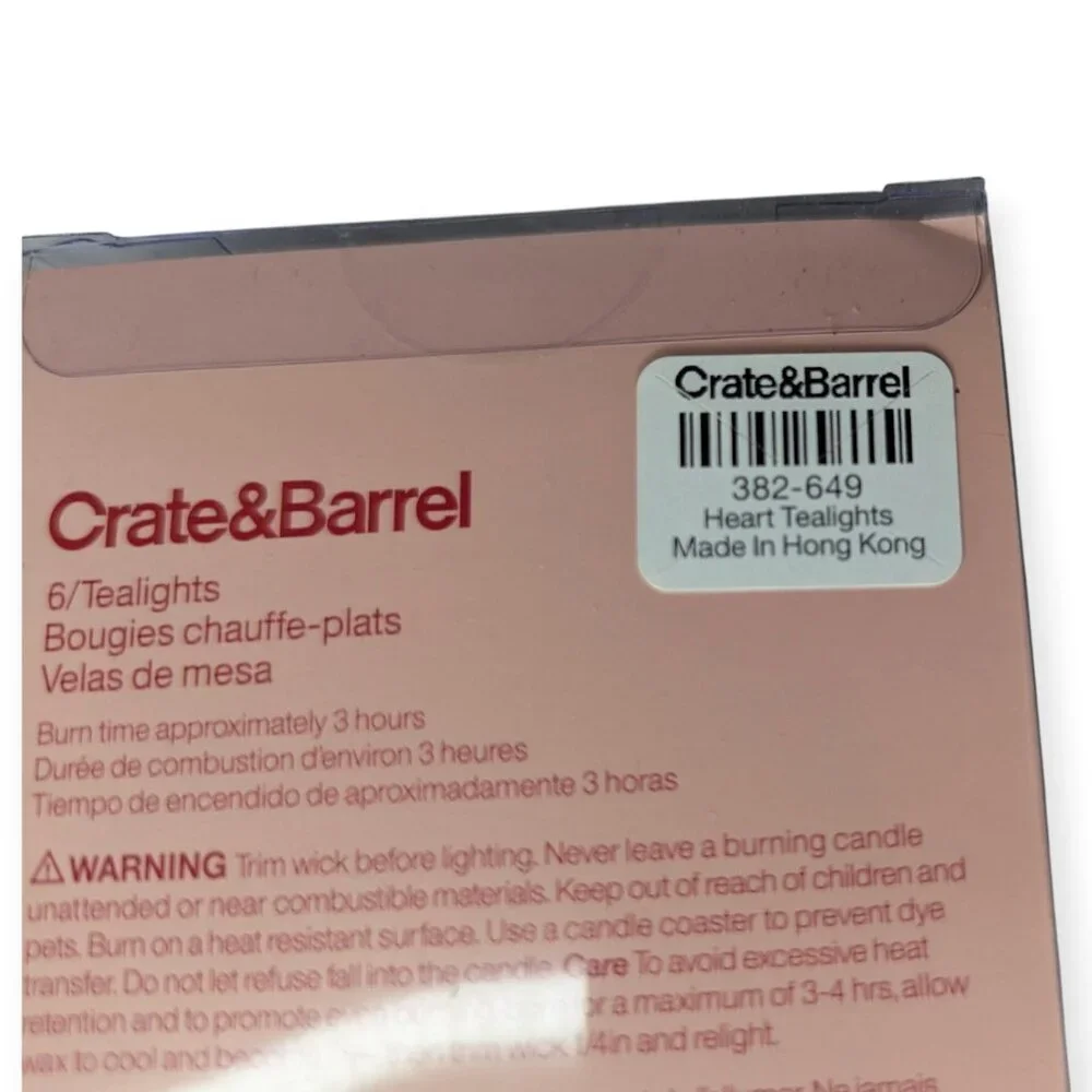 Crate & Barrel Heart-Shaped Tealight Candles Set of 6 NIB 382-649